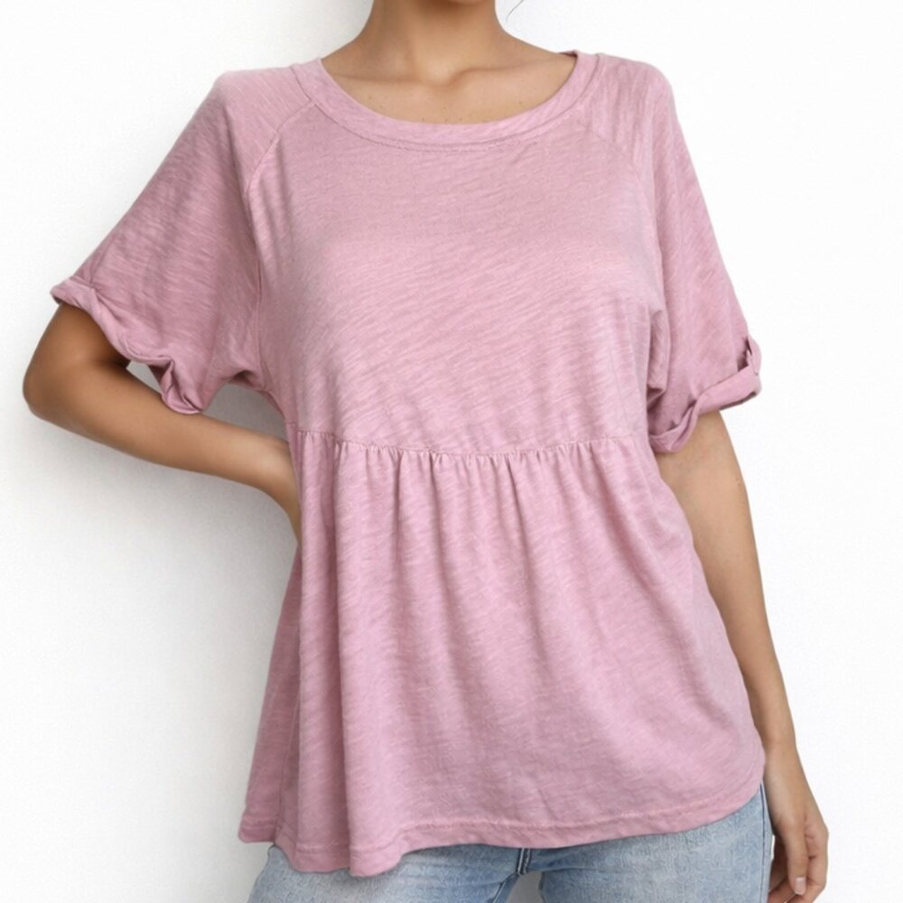 American Eagle Babydoll Top Women Small Pink Slub Knit Keyhole Back Short Sleeve